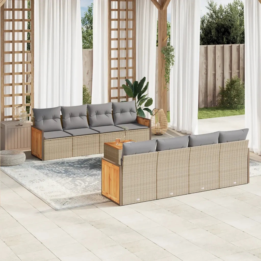 Set Divano da Giardino 9 pz con Cuscini Beige in Polyrattan