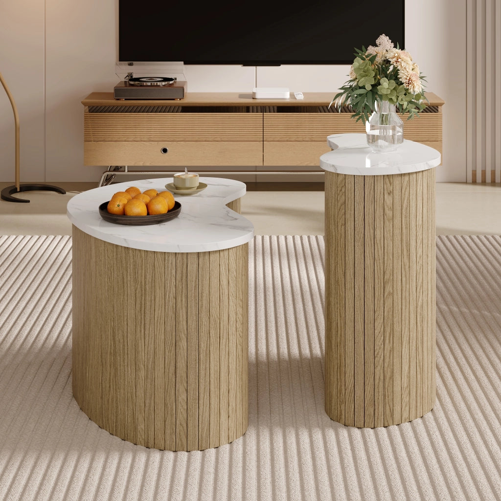 Tavolino da caff¨¨ moderno e minimalista, con venature effetto marmo e legno, stile scandinavo, tavolo laterale multifunzionale per il soggiorno.