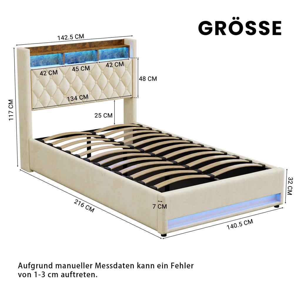 LETTO Imbottito 140 x 200 cm in Velluto Beige con Base a Doghe