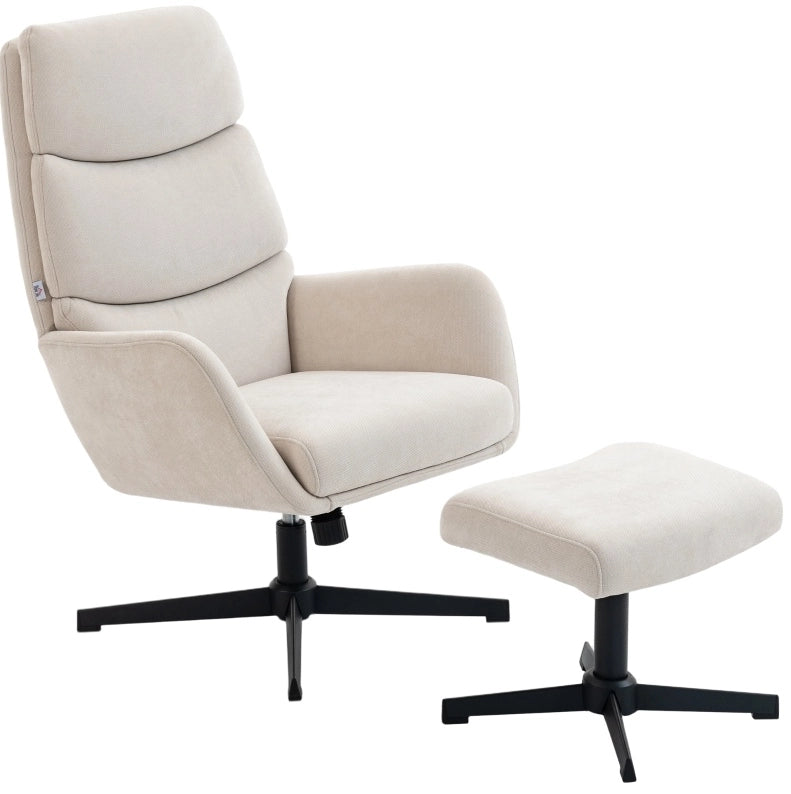 Poltrona relax beige con pouf e base in metallo