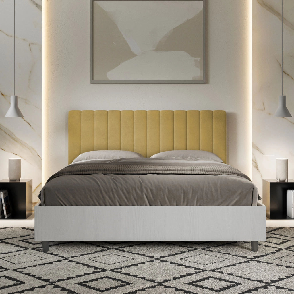BS COM Letto matrimoniale senza rete 160x190 bianco frassino testata microfibra ocra
