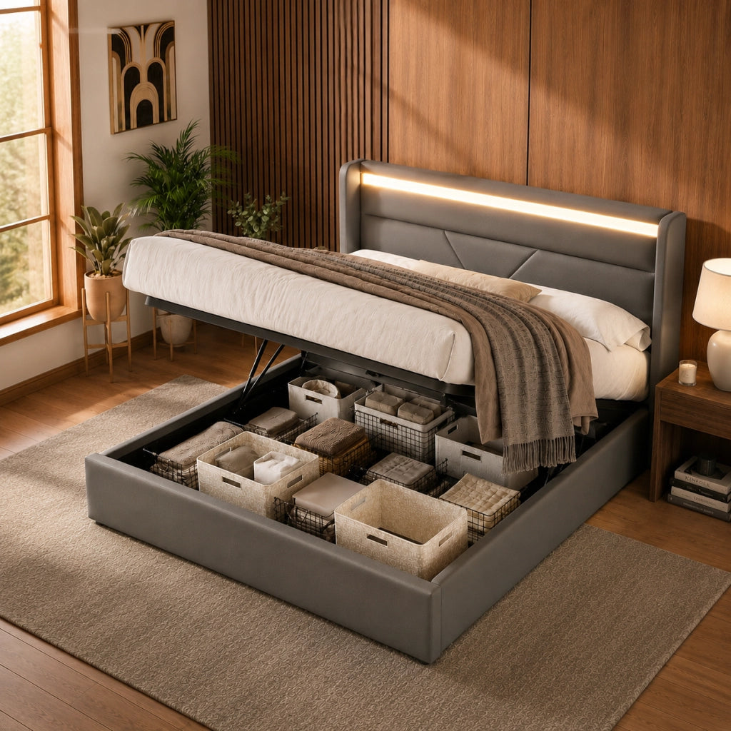 Letto contenitore imbottito grigio 140x200 cm con LED