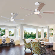 Ventilatore da soffitto con luce LED dimmerabile; telecomando e finitura bianca e rovere chiaro
