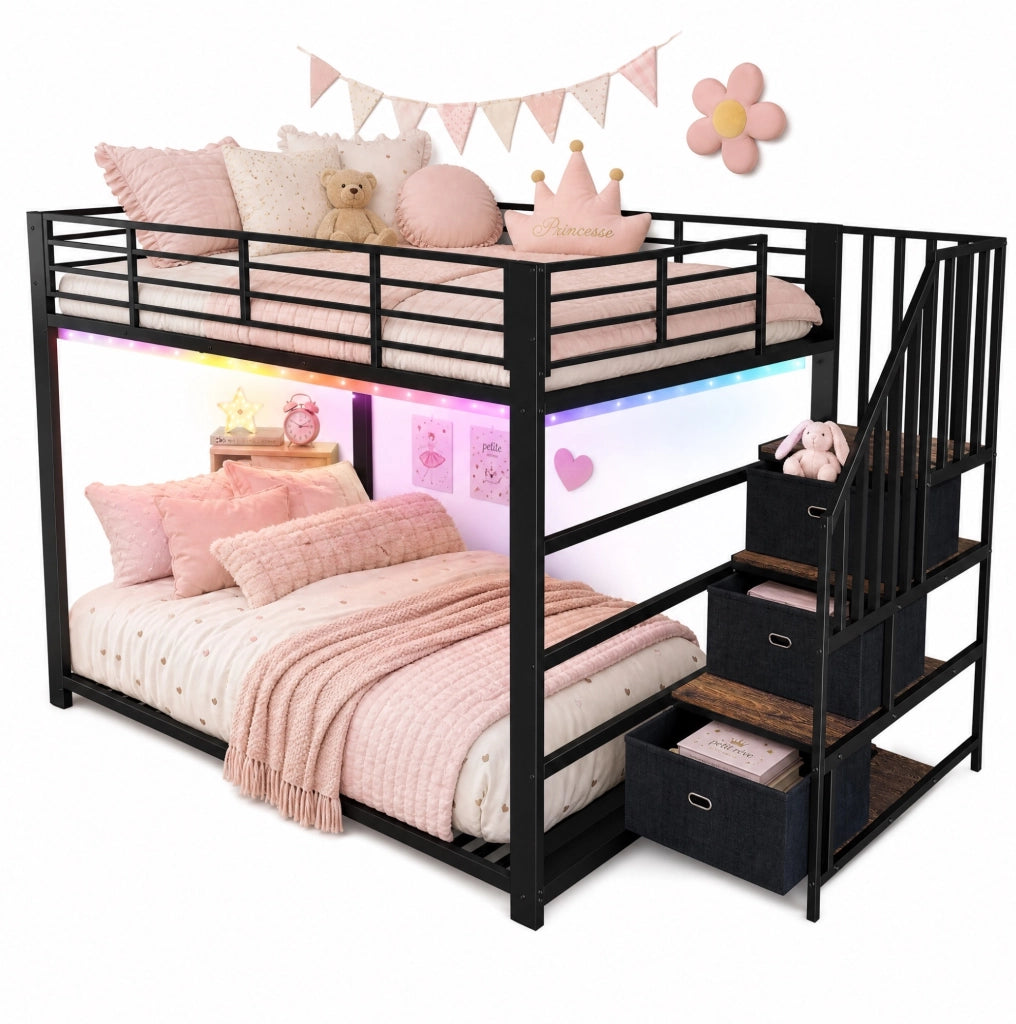Letto a castello ULEVR 140x200 cm in metallo e MDF, scala reversibile con cassetti, LED, prese e USB, nero