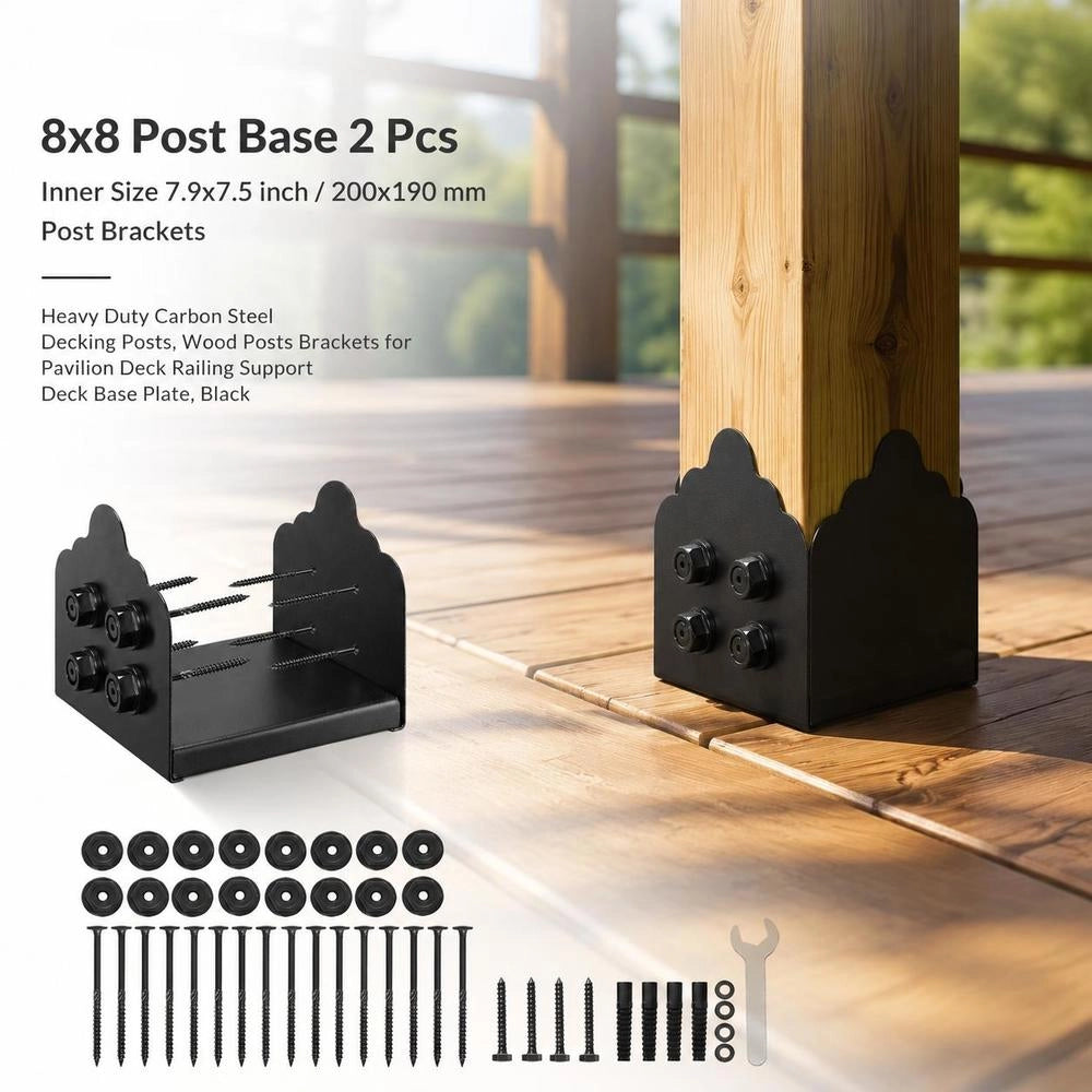 Post Anchors, 2 Pieces, Inner Dimensions 200x190 Mm For 203.2x190/190x190 Mm Posts, Screw-on Sleeve Made Of Carbon Steel, Ideal For Gazebo Terrace Railing Support Deck Base Plate, Black