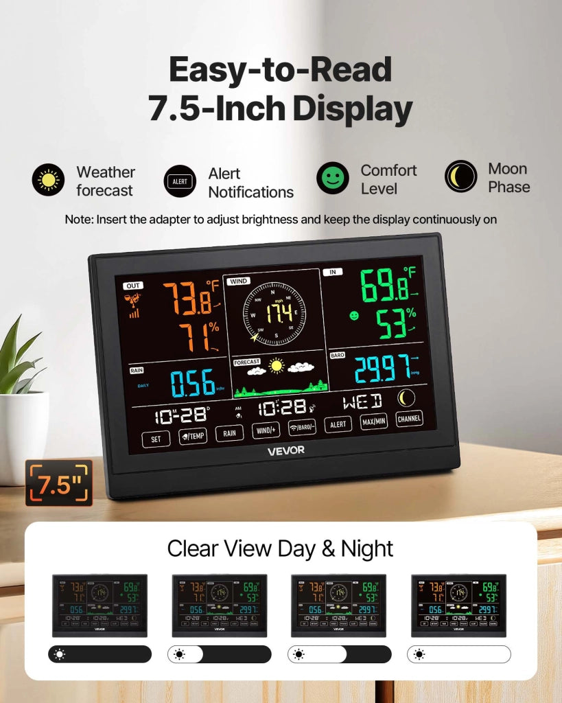 Stazione meteorologica wireless per casa e giardino YT60310, display VA da 190,5 mm, sensore solare 5 in 1 IPX6, raggio 150 m