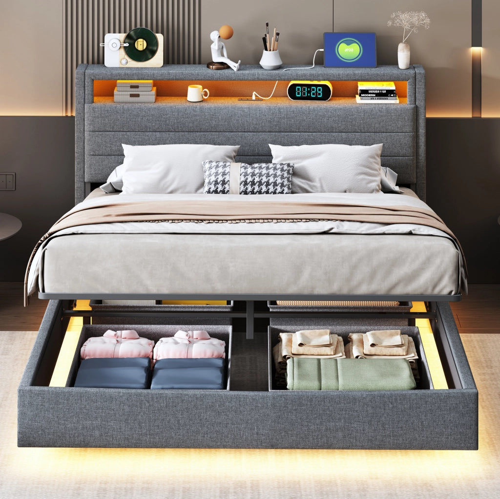 Letto imbottito 140x200 cm con contenitore idraulico, USB e LED in lino grigio