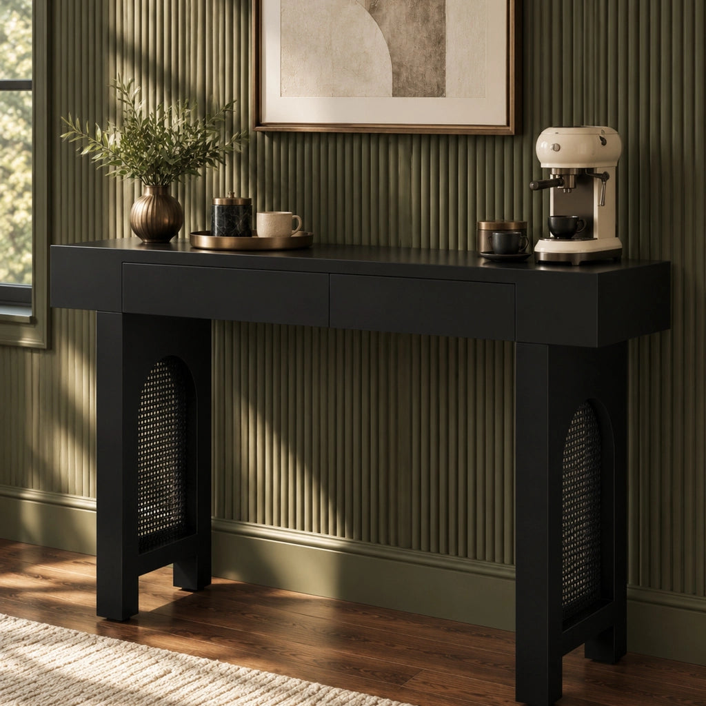 Consolle con 2 cassetti e presa integrata USB e Type-C in MDF nero con piedini regolabili 120 × 35.5 × 76.5 cm