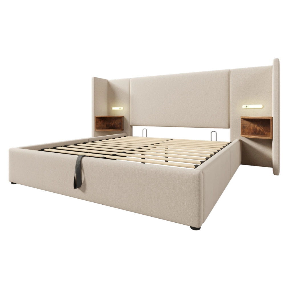 Letto matrimoniale imbottito 160x200 cm con contenitore, comodino integrato, lampada da lettura con funzione di ricarica USB Type-C, struttura in legno massello e metallo, beige