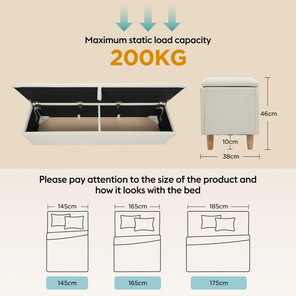 Panca Fondo Letto con Vano Contenitore Idraulico; Panca Imbottita per Camera e Ingresso; in Velluto a Coste Legno Beige