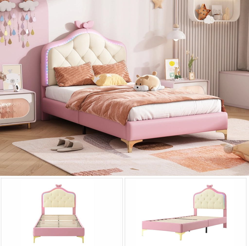 Letto singolo imbottito 90x200 cm con LED multicolore; testiera ondulata in PU rosa e bianco