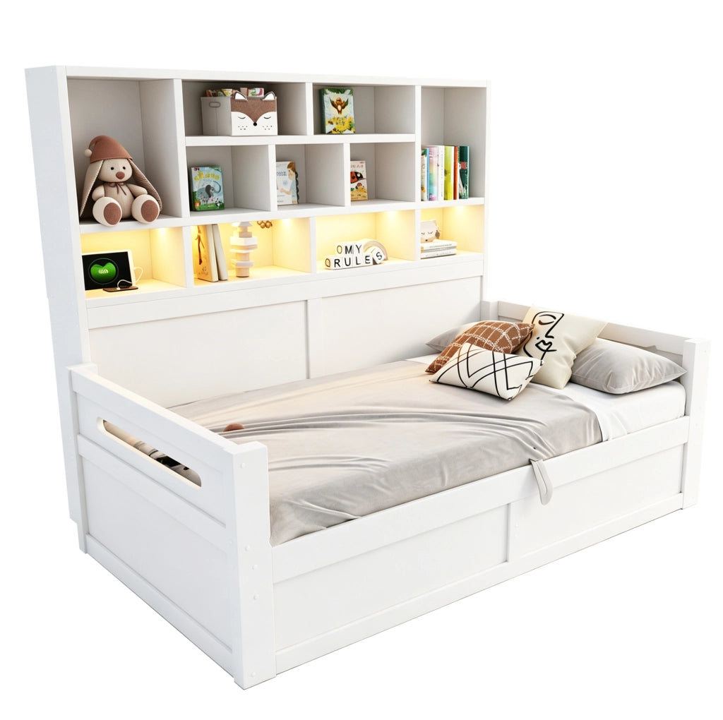 Letto multifunzione 90x200 cm con contenitore idraulico; LED e prese; bianco