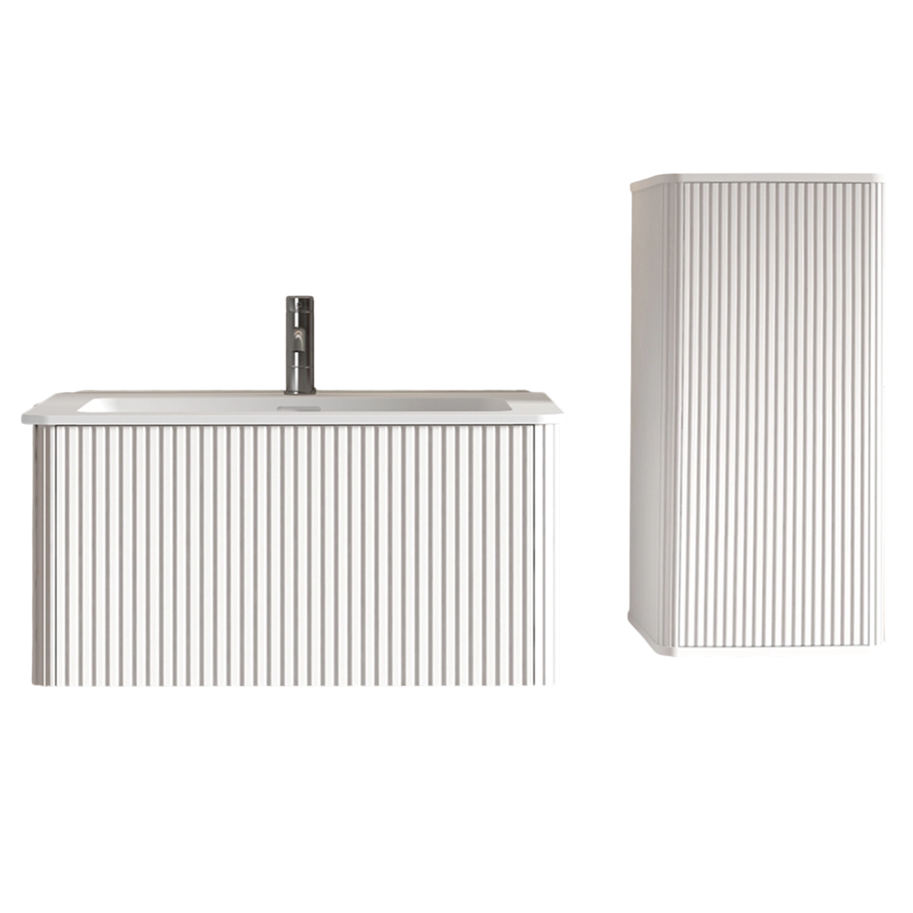 Mobile bagno sospeso con lavabo e colonna laterale in MDF compensato e solid surface bianco scanalato