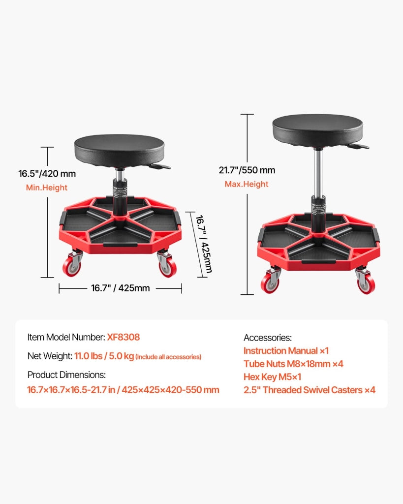 Sgabello da Meccanico con Ruote e Vassoio Portautensili Altezza Regolabile 420-550 mm Portata 136 kg per Officina Garage Nero Rosso