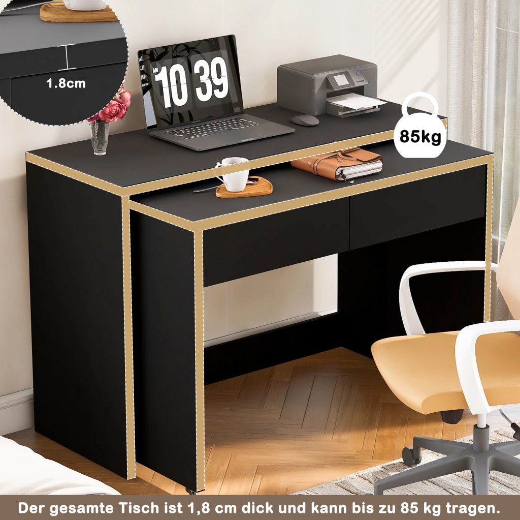 Scrivania pieghevole 2 in 1 nera con ruote e 2 cassetti