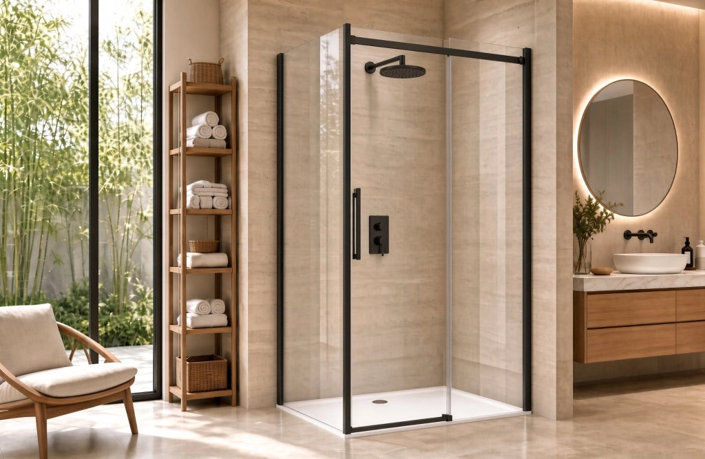 Box Doccia 2 lati 80x120 cm SENZA TELAIO H200 cm da 8mm: lato fisso + porta scorrevole FIORE Nero Opaco