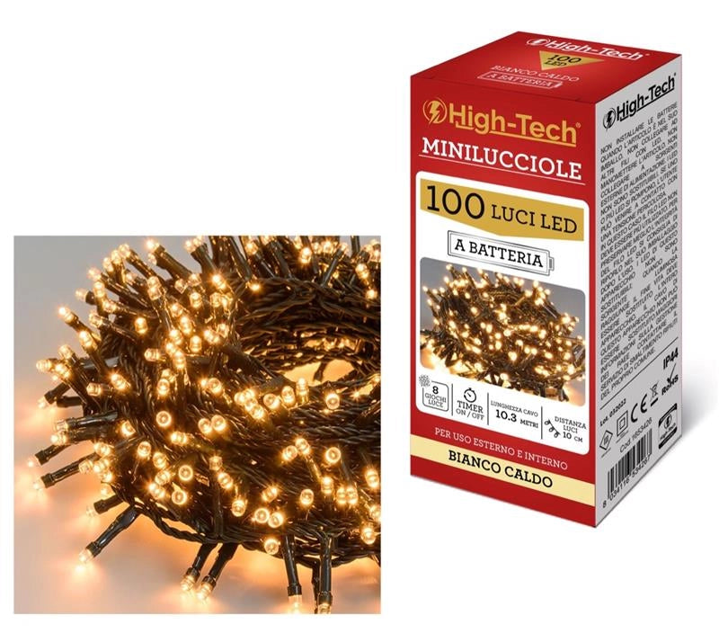 HIGH-TECH FILO DI 100 LUCI LED A BATTERIA IN COLORE BIANCO CALDO