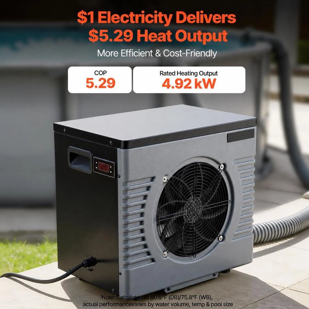 Pool Heat Pump 4920 W, Electric Pool Heater For Above-ground Pools Up To 18 M³, Max. COP 5.29, Low Noise, Residual Current Circuit Breaker, Heating Temperature 15–40 °C, Heating & Cooling Mode, Heat Exchanger
