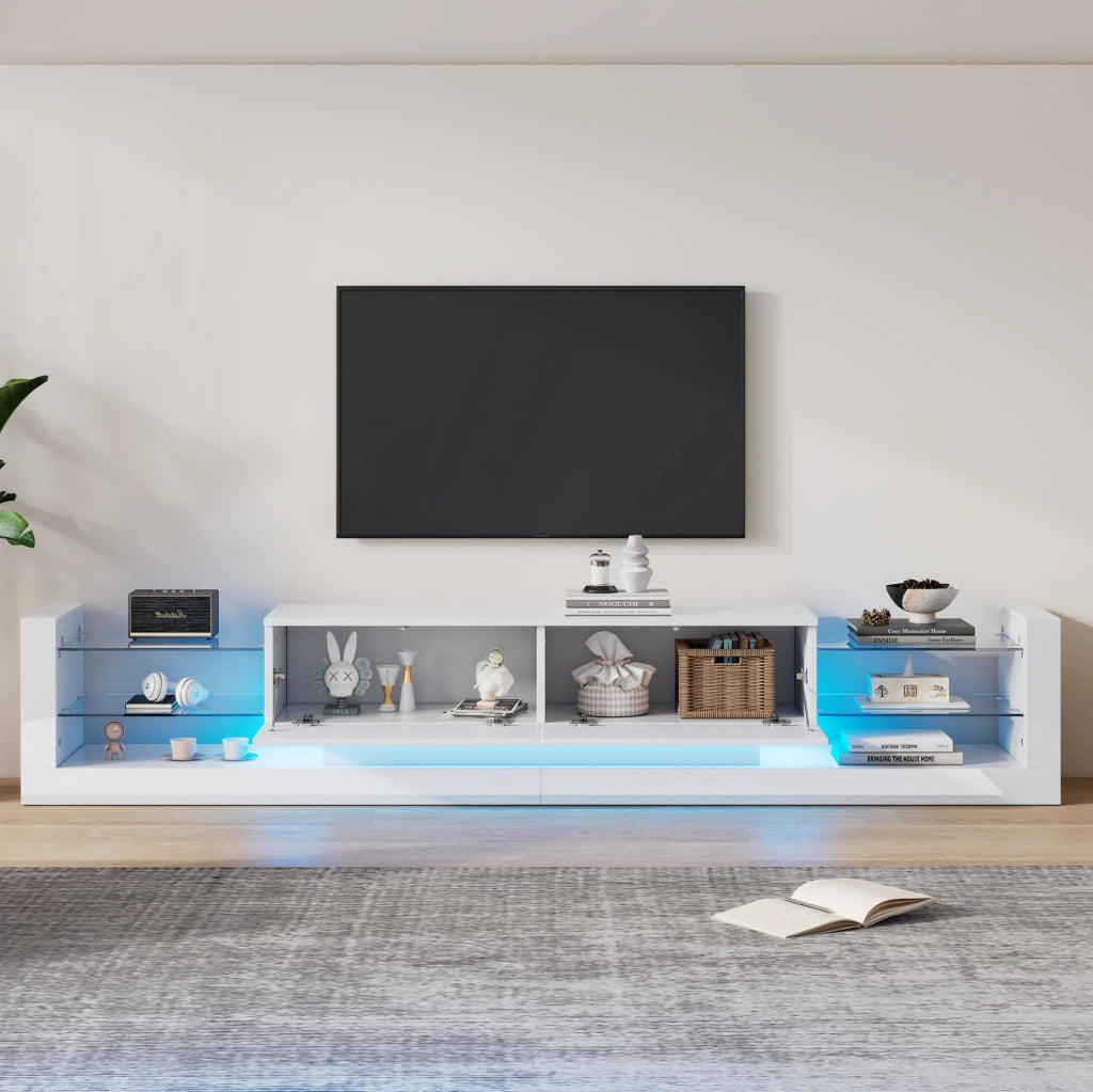 Mobile TV moderno 181 cm con LED; frontale in vetro e 2 cassetti ribaltabili; bianco