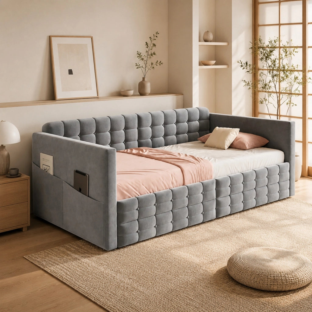 LETTO Imbottito 90x190 cm Grigio in velluto con 2 cassetti e tasche laterali
