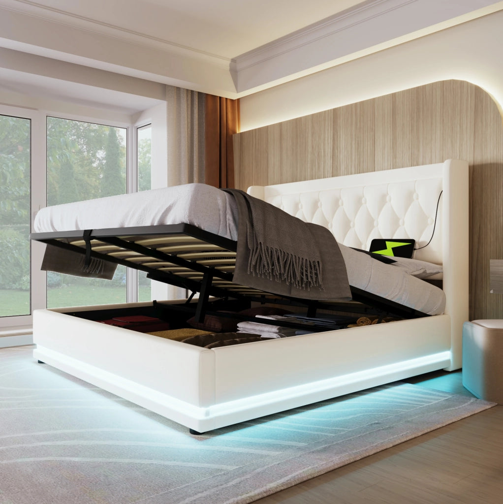 Letto matrimoniale imbottito 140x200 cm con contenitore, USB Type-C e LED
