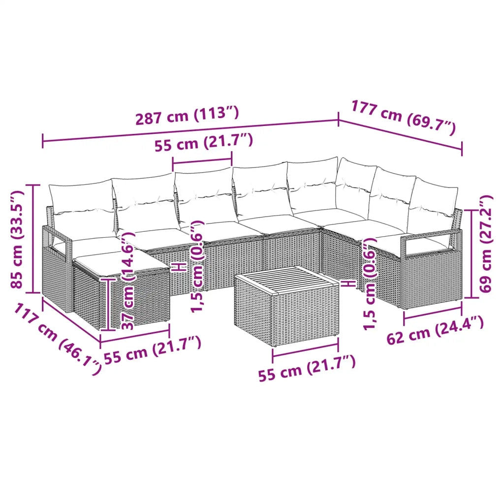 Set Divano da Giardino con cuscino 9 pcs Nero polyrattan 3347746