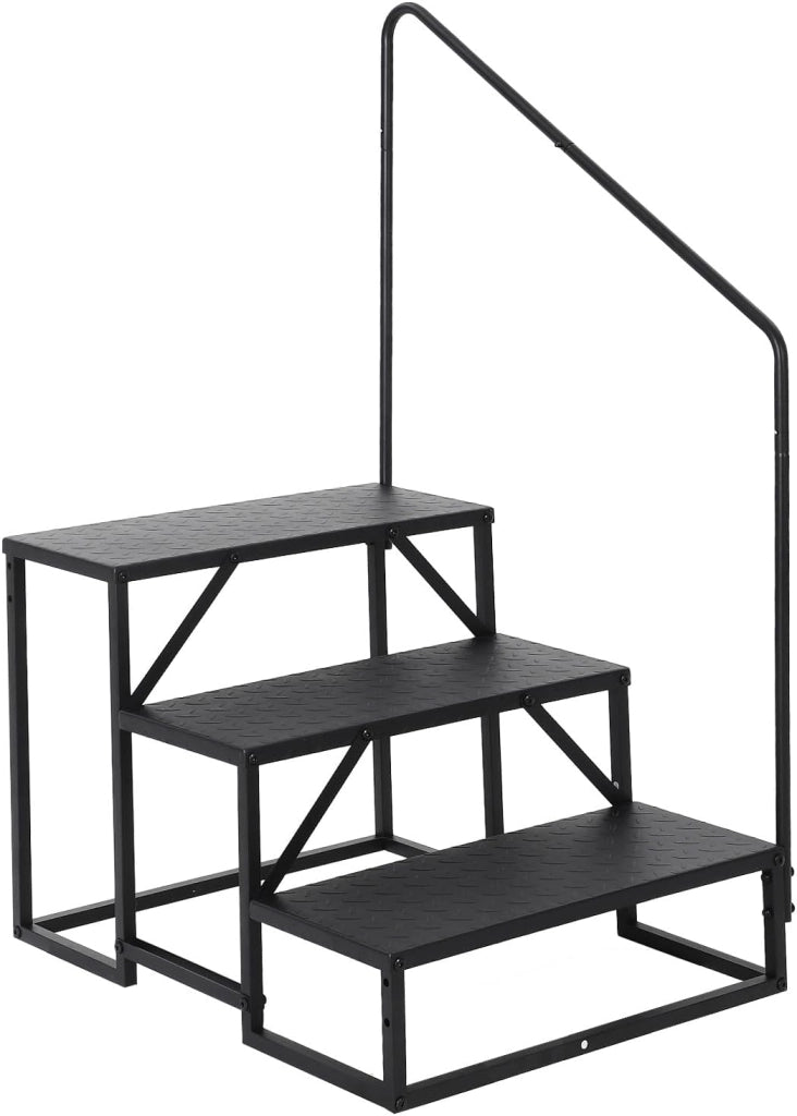 Scala esterna a 3 gradini per camper con corrimano - Antiscivolo; in acciaio robusto; portata 300 kg - Nastro giallo/nero; 3   livello