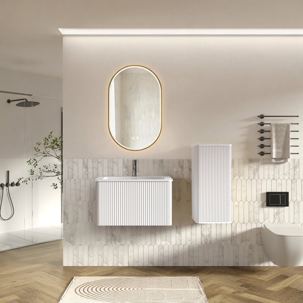 Set mobile bagno sospeso con lavabo, colonna laterale e specchio LED