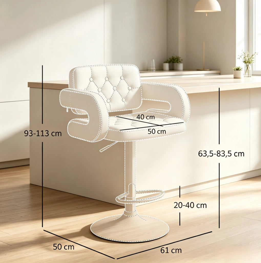 Sgabello da Bar Regolabile in Altezza con Braccioli e Schienale, Bianco, 61x50x93-113 cm