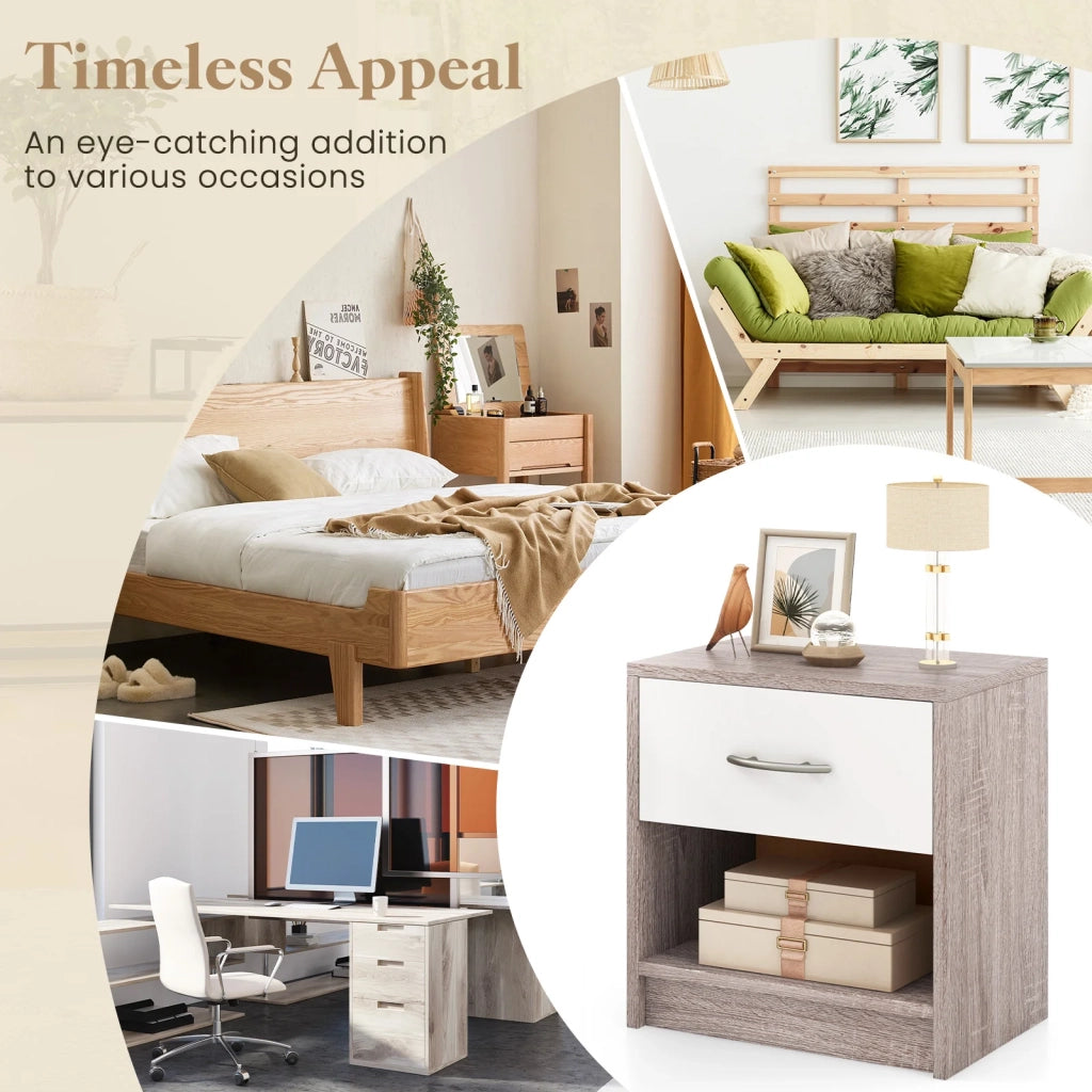 Bedside Table Nightstand with Drawer and Open Storage Shelf-Light Gray