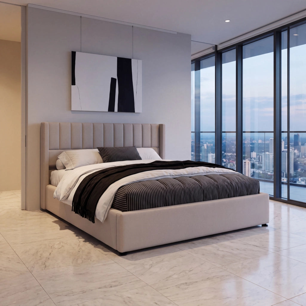 Letto matrimoniale contenitore 160x200 cm con testiera imbottita rete a doghe sollevabile e rivestimento a righe verticali in lino beige