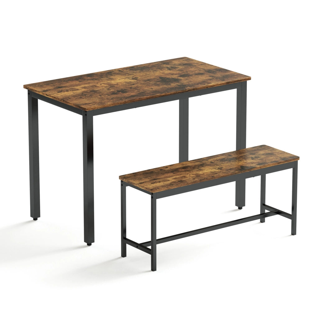 Set da pranzo industriale con tavolo 110x60x75 cm e 2 panche rustiche marrone e nero