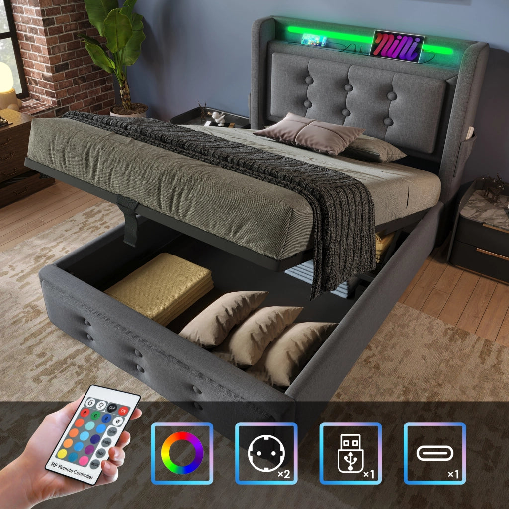 Letto singolo imbottito 90x200 cm con testiera LED e contenitore