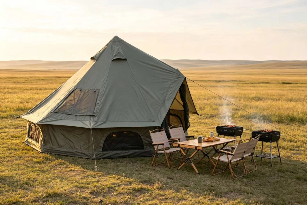 Tenda da campeggio da 9.8 piedi, in tessuto Oxford, con attacco per fornello, adatta per 3-4 persone, verde