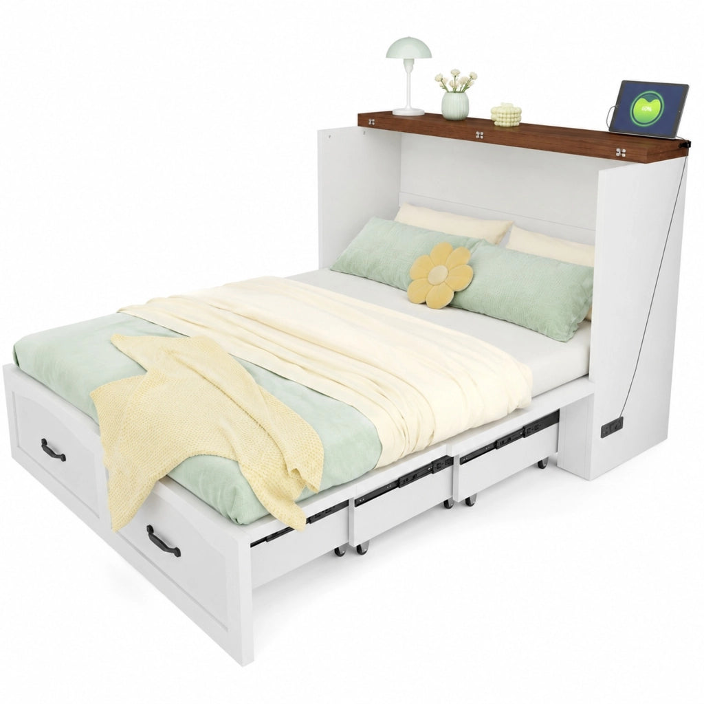 Letto a scomparsa 140x200 cm estraibile in legno e metallo bianco