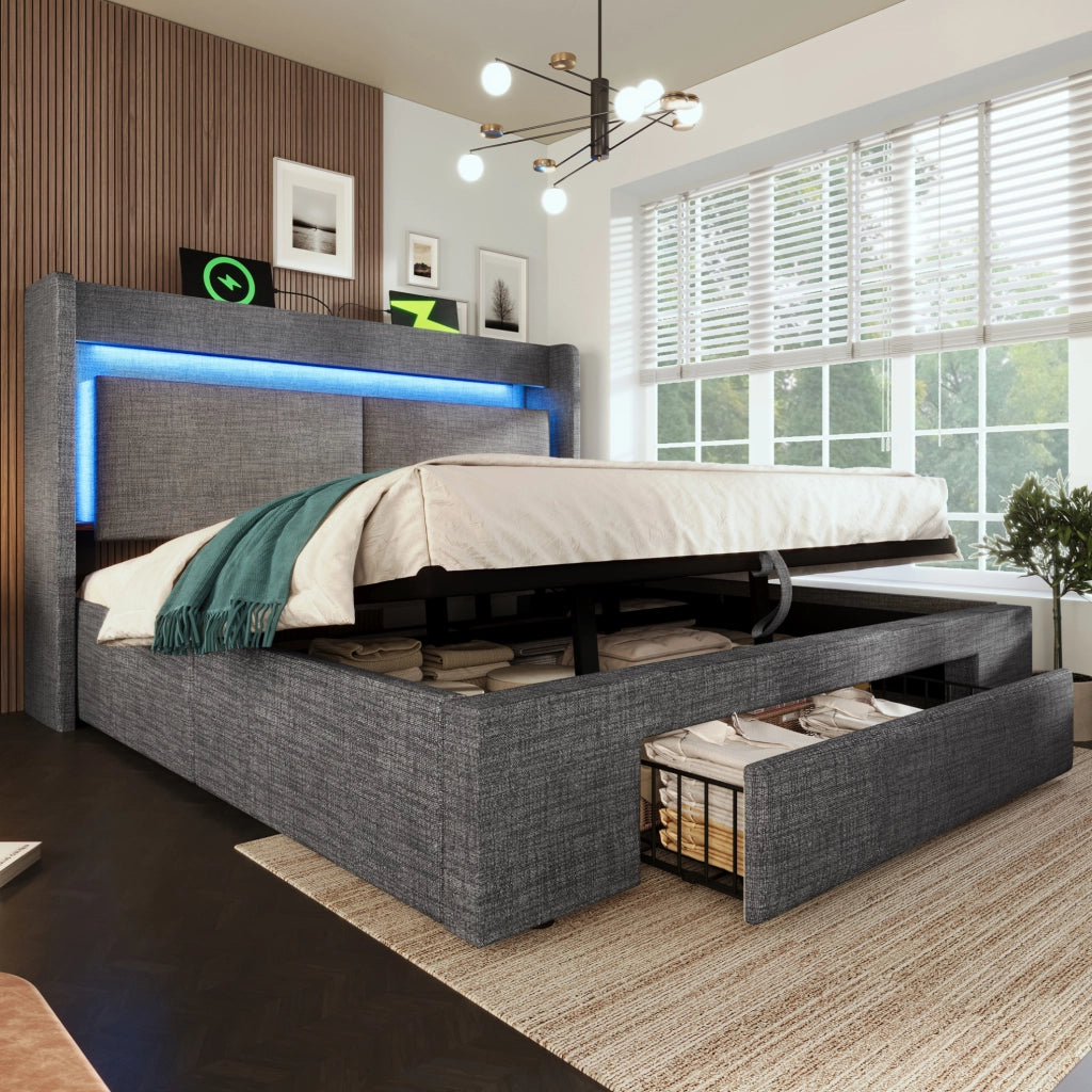 Letto imbottito 140x200 cm con contenitore idraulico; LED; USB e Type-C; grigio