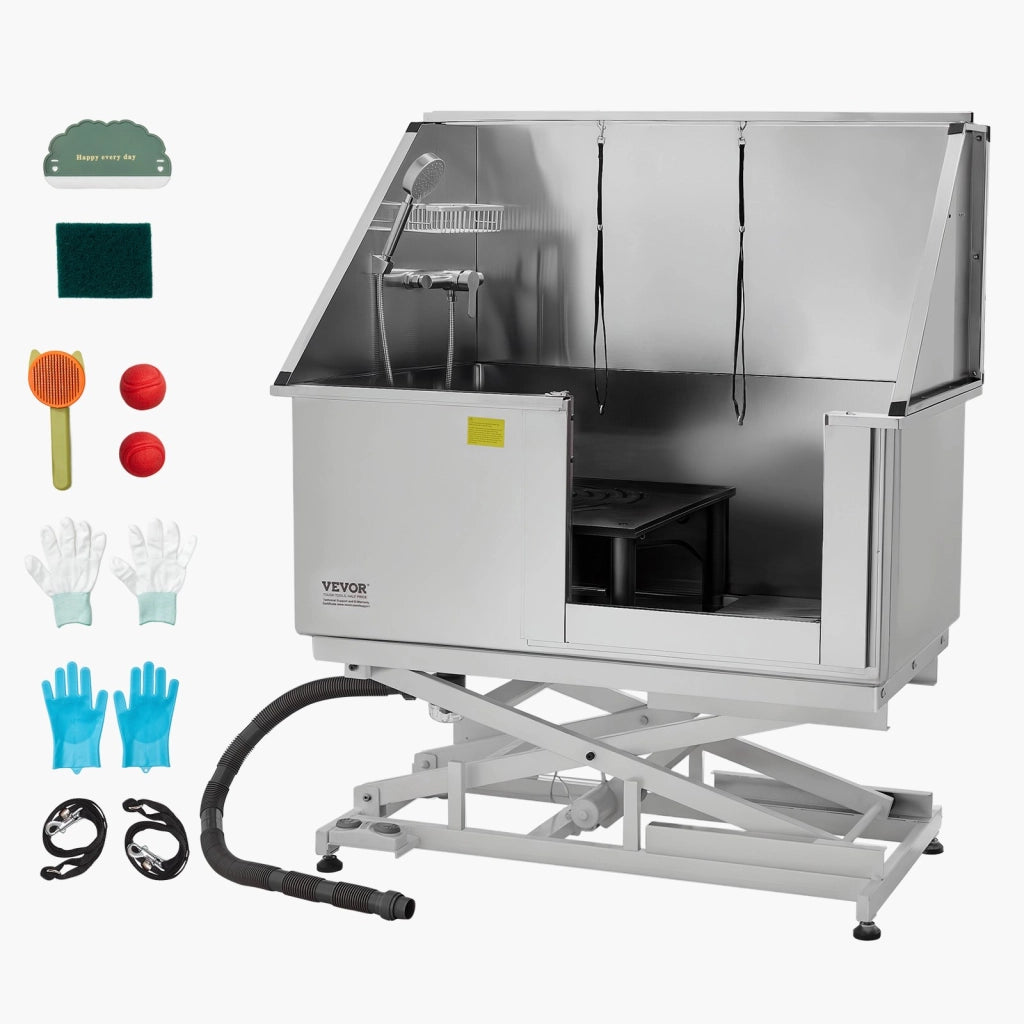 K1E01028 Vasca per toelettatura cani con sollevamento elettrico in acciaio inox argento 127 cm, stazione lavaggio regolabile con porta destra