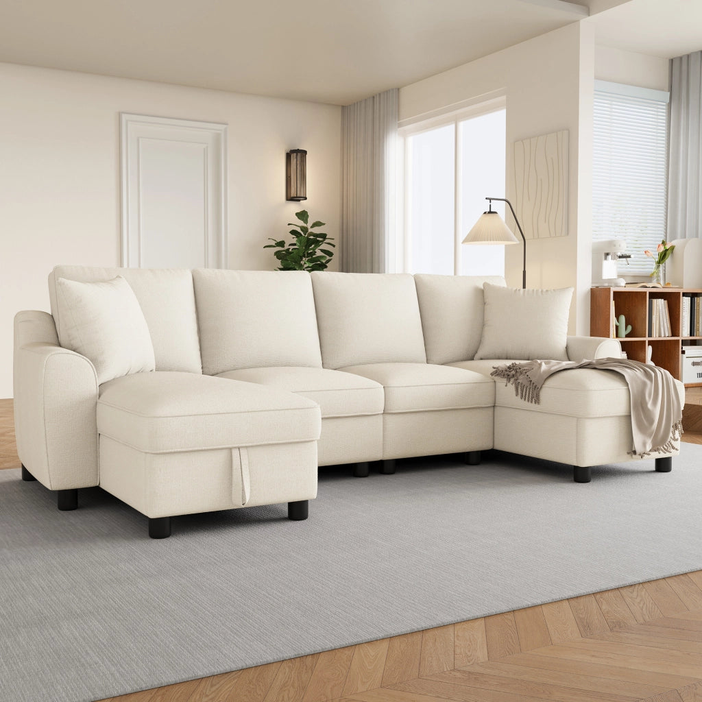 Divano panoramico a U 2 posti modulare in chenille beige con vano contenitore e cuscini 280 × 137 × 84 cm
