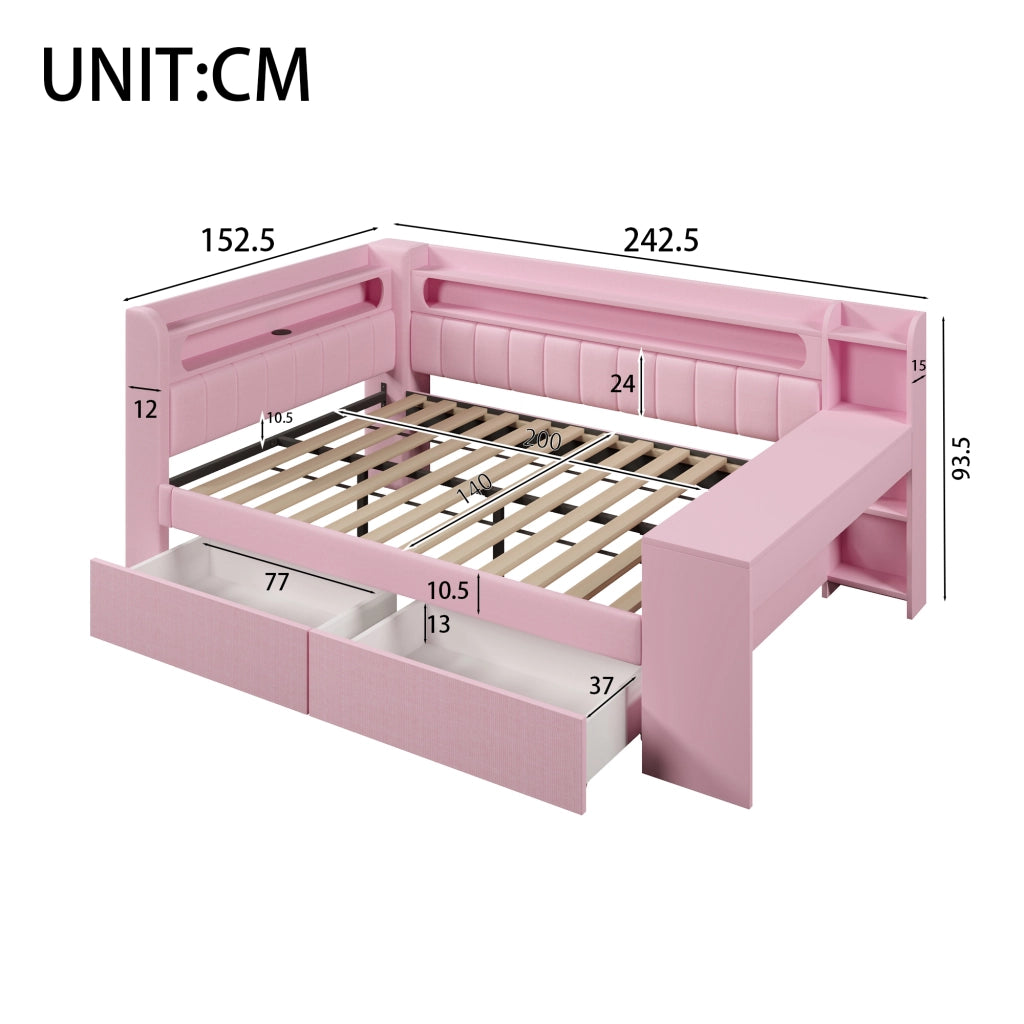 Letto Imbottito con Scrivania e 2 Cassetti, LED e USB ¨C MINIMAL ¨C 140x200 Rosa