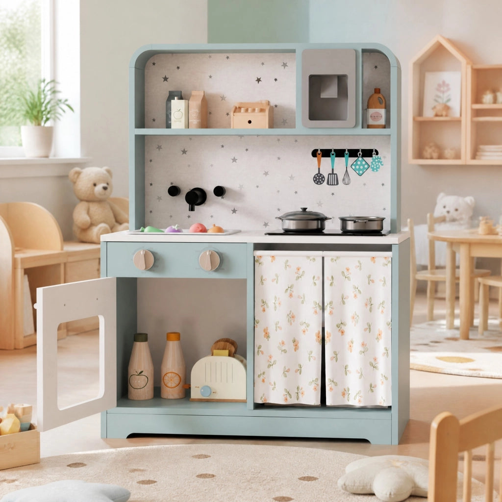 Cucina giocattolo per bambini in MDF blu con erogatore di ghiaccio e microonde; 29x60x81 cm