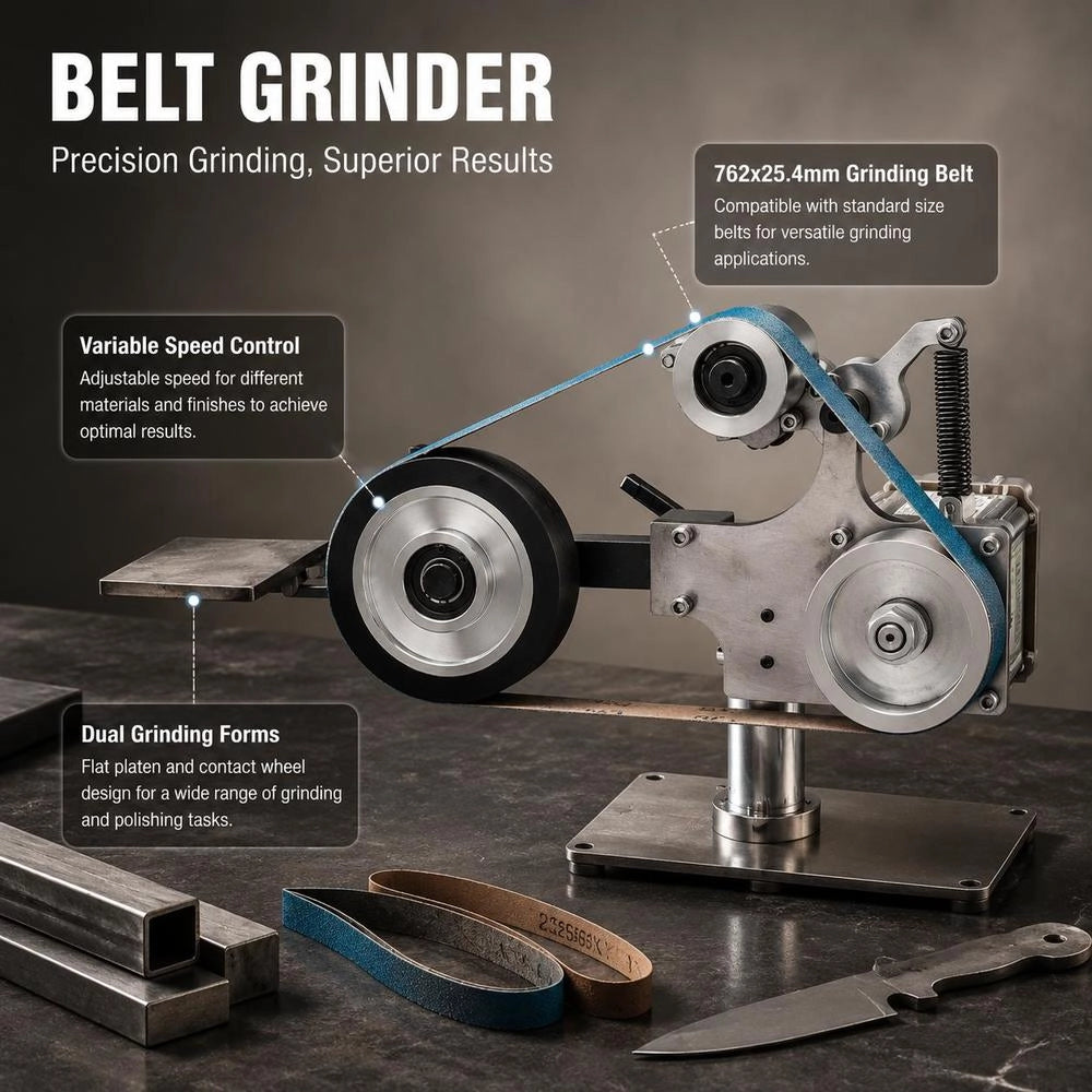 Belt Sander, 762x25.4mm Belt Polisher With Variable Speed And VFD, 550 W Polishing And Grinding Machine With 2 Grinding Shapes And 3 Grinding Belts For Metalworking, Knife Making