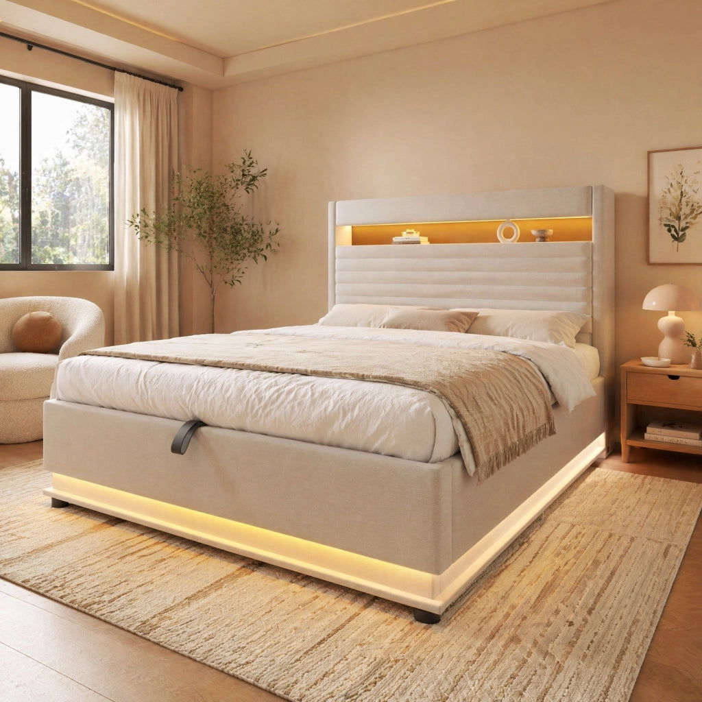 Letto contenitore 140 × 200 cm con LED USB e USB Type-C testiera imbottita in lino beige