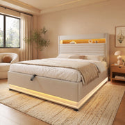Letto contenitore 140 × 200 cm con LED USB e USB Type-C testiera imbottita in lino beige