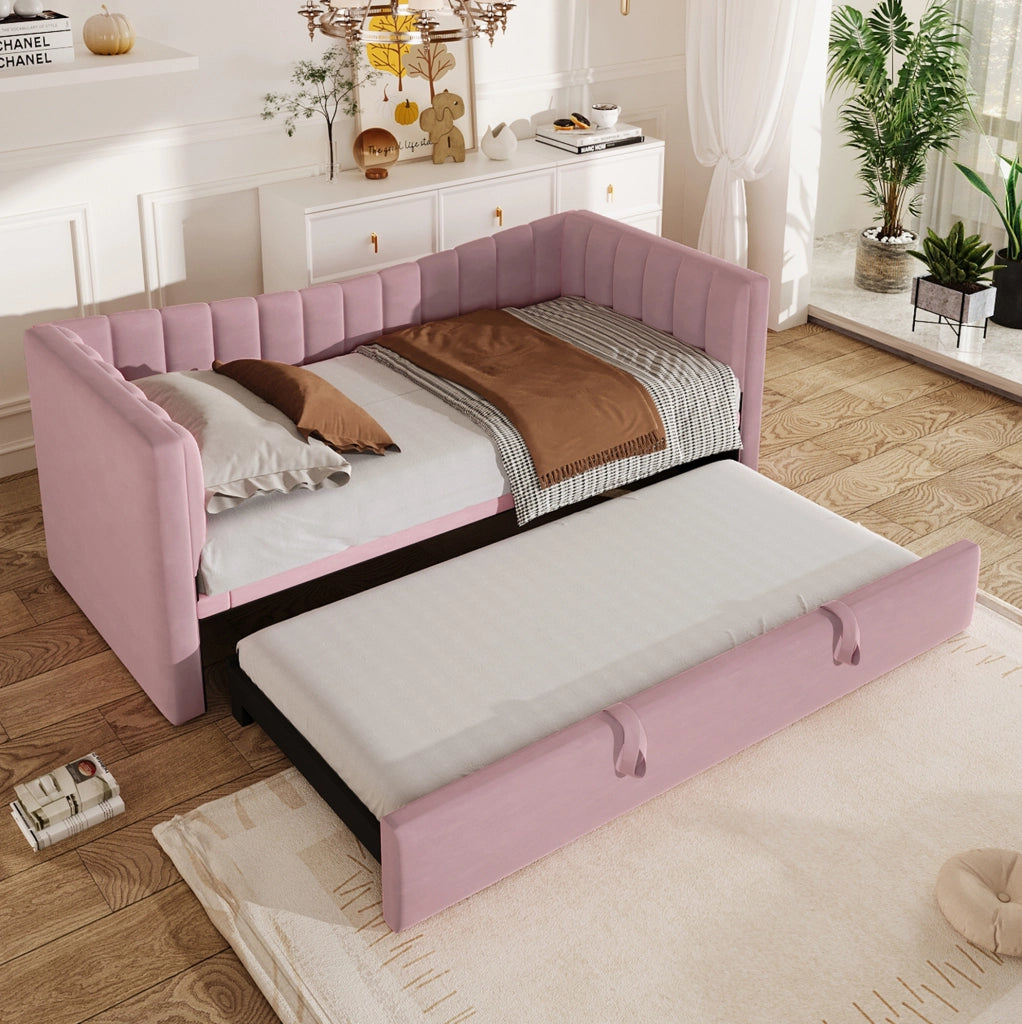 Letto daybed imbottito 90x200 cm con letto estraibile, in velluto rosa