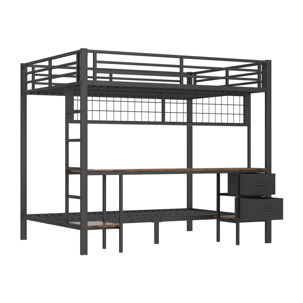 Letto a soppalco 140x200 cm con scrivania, LED e USB in metallo nero
