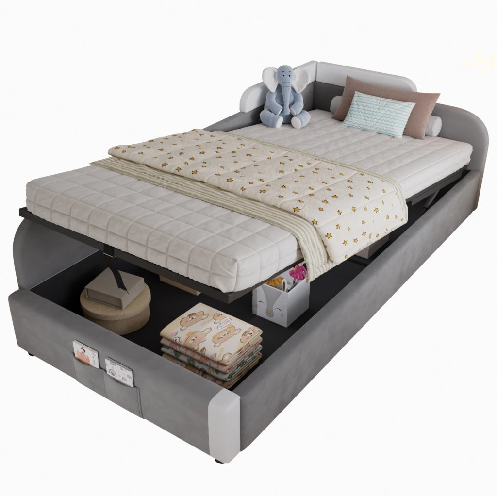 Letto imbottito per bambini 90x200 cm con contenitore idraulico, grigio