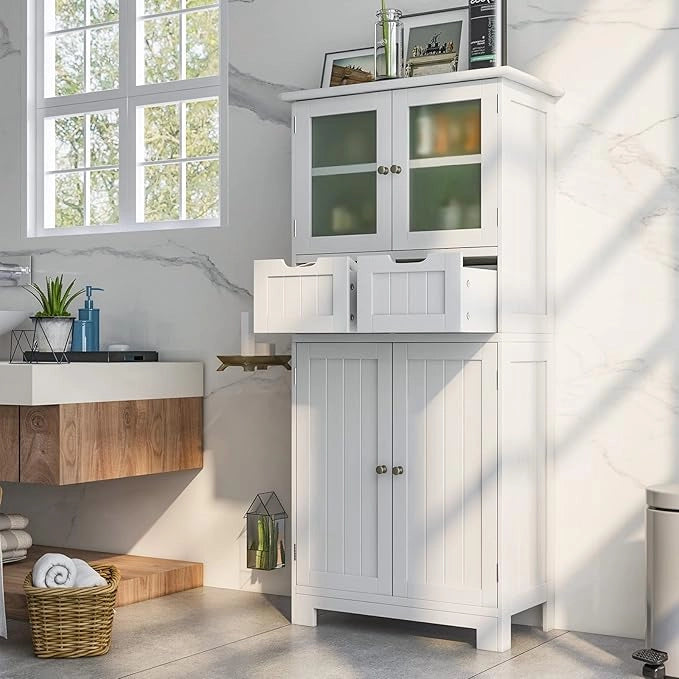 Armadio da Terra con 4 Ante, Mobile da Bagno con 2 Ante in Vetro 2 Cassetti e Ripiani Regolabili, Armadio Multifunzionale per Bagno e Soggiorno, 60x30x128cm (Bianco)
