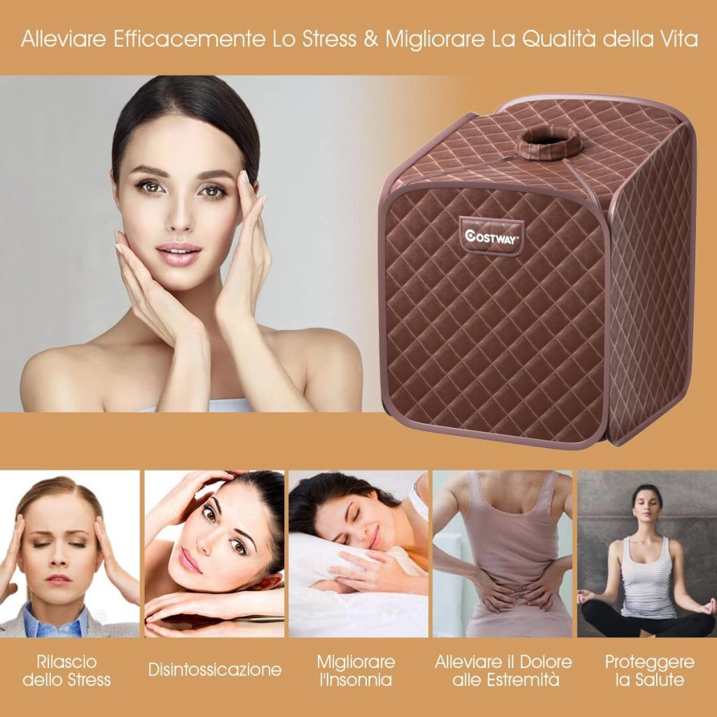 Sauna a Vapore Portatile con Telecomando, Cabina Sauna a Vapore Pieghevole con Sedia e 9 Livelli di Temperatura, Telaio in metallo (Caffè)