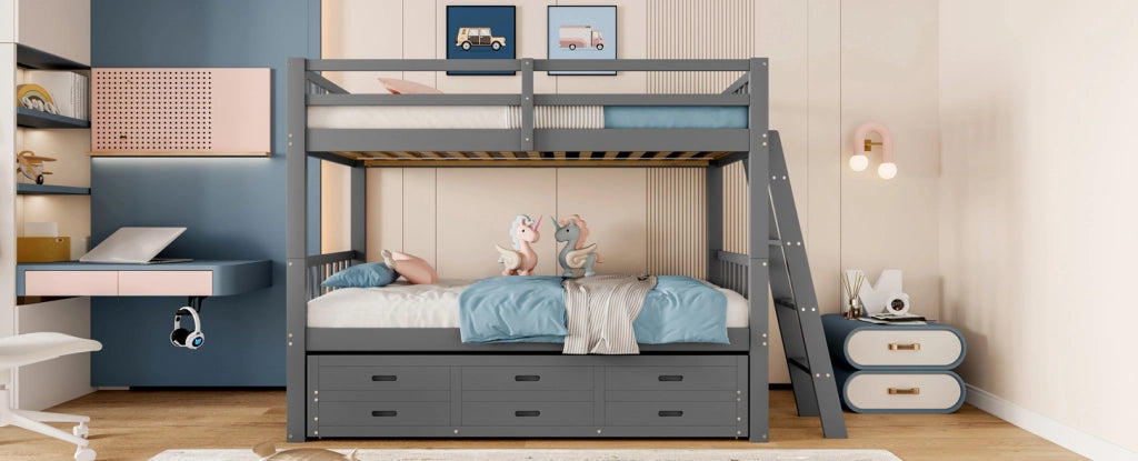 LETTO a castello con letto estraibile e 3 cassetti 90x200 cm Grigio