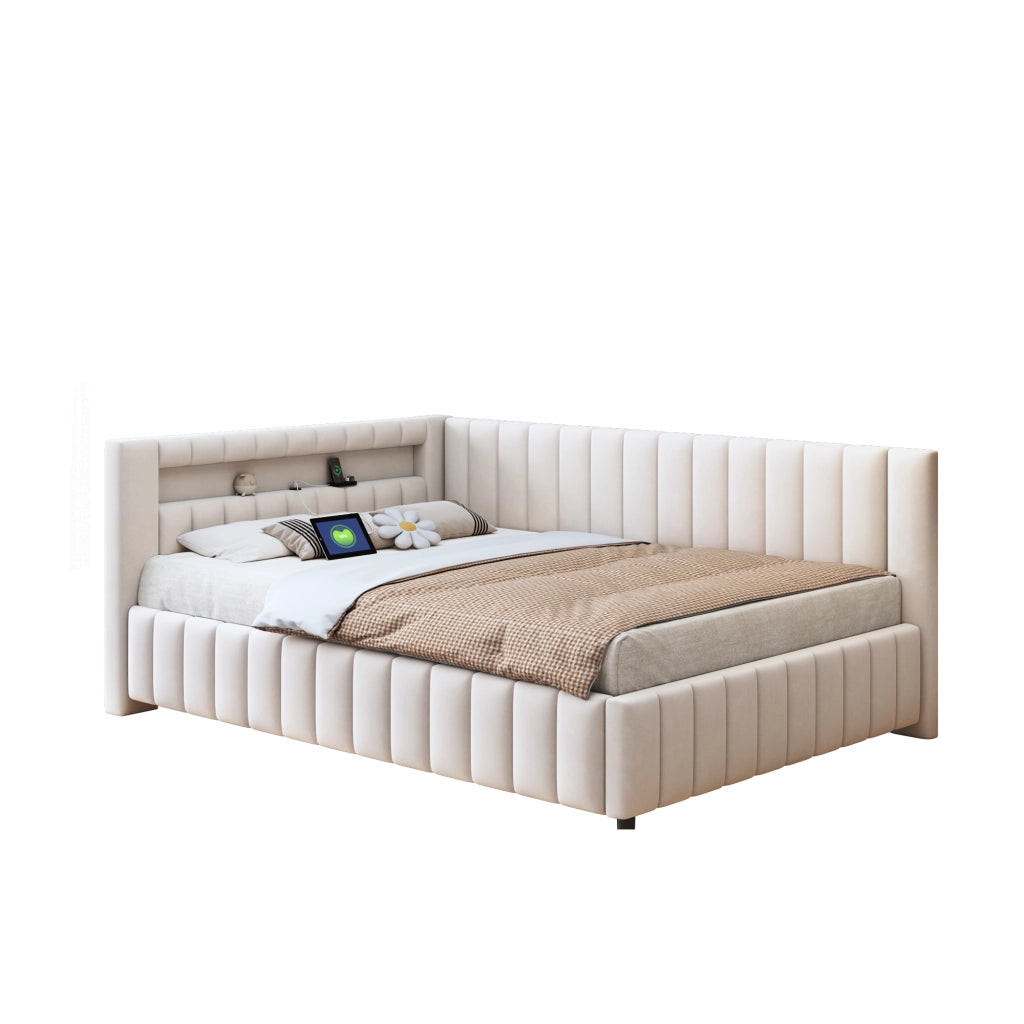 Letto contenitore 140 x 200 cm con LED e USB, rete a doghe, velluto beige, per camera da letto